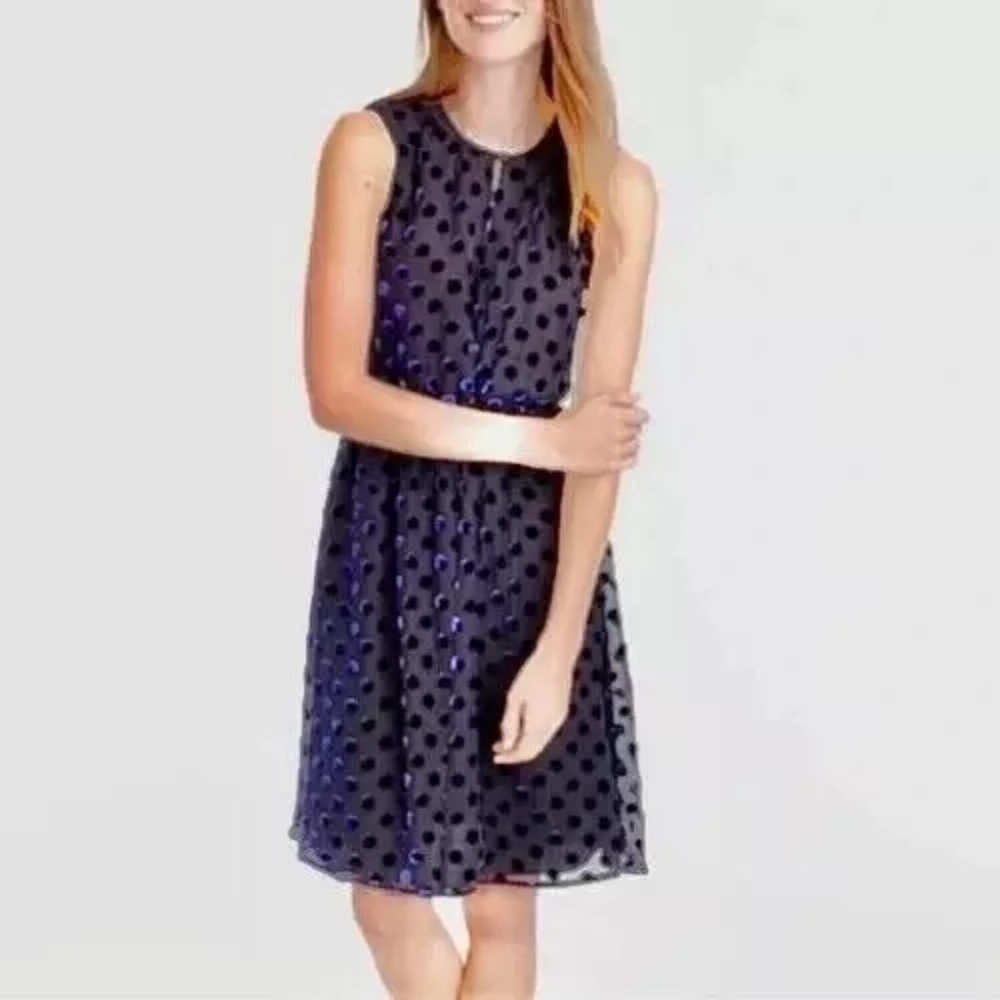 J. Crew Black silk blend dress navy blue velvet polka dots sleeveless sz. 8